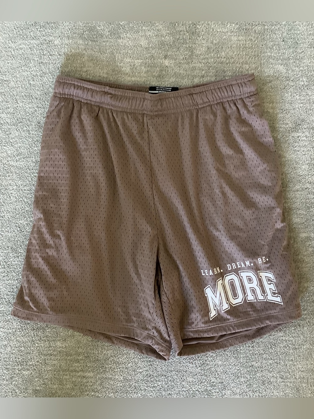 Alphalete Taupe Mesh Athletic Shorts with "MORE" Graphic Sz. M